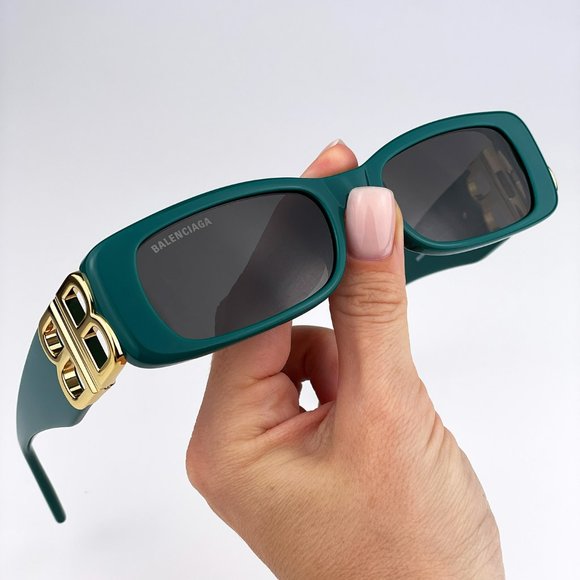 Balenciaga BB0096S 006 BRAND NEW Sunglasses Green Gold Logo Grey Rectangle Unise - Picture 1 of 12
